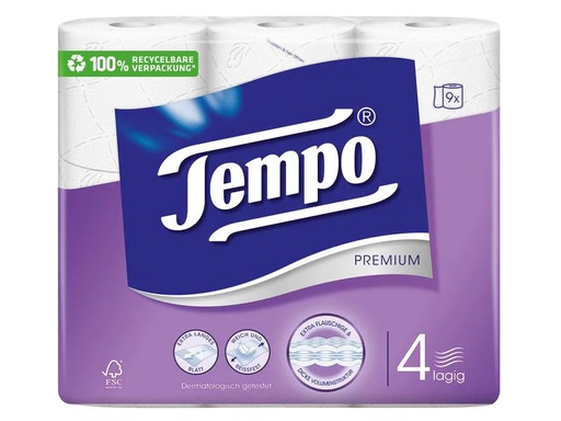 [90086752 942496] Tempo Toilettenpapier Premium 9 Rollen, 4-lagig, Weiss