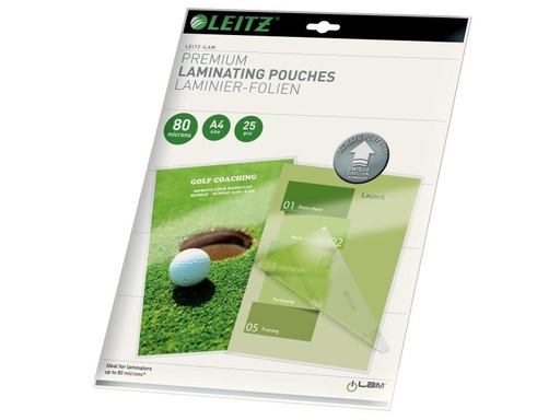 [90087070 627338] Leitz Laminierfolie Premium A4, 80 µm, 25 Stück, Glänzend