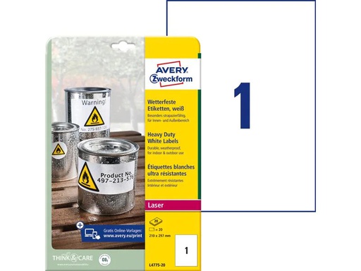 [90088331 821426] Avery Zweckform Universal-Etiketten L4775-20 210 x 297 mm Wetterfest