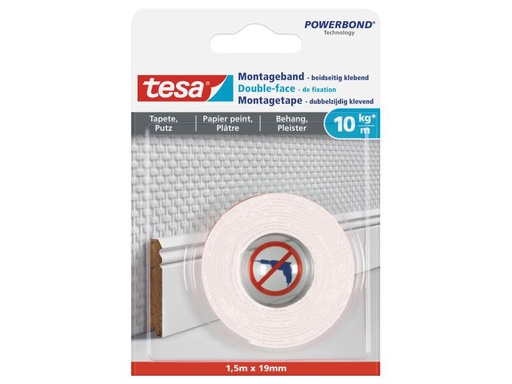 [90008946 491930] tesa Montageband 1.5 m x 19 mm für Tapeten + Putz
