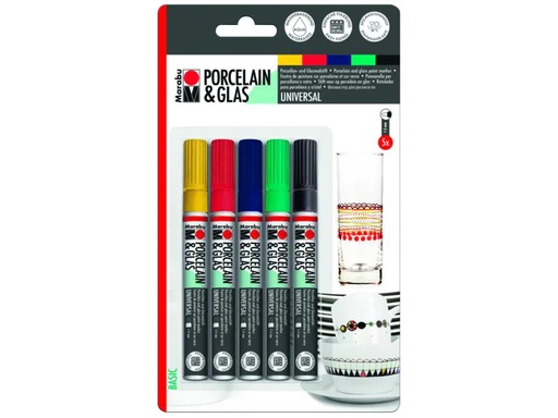 [90009220 555636] Marabu Porzellan- und Glasmarker Basic 5 Stück