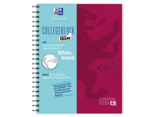 [90009363 1108927] Oxford Notizheft Touch Collegeblock, A4 +, Kariert, Himbeer