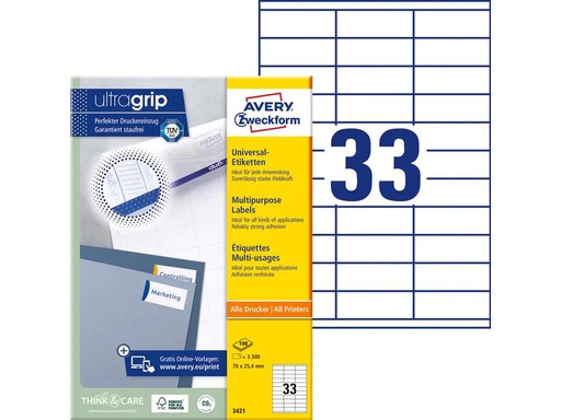 [90096186 428014] Avery Zweckform Universal-Etiketten 3421 70 x 25.4 mm, 100 Blatt