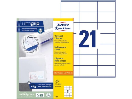 [90096625 95725] Avery Zweckform Universal-Etiketten 3481 70 x 41 mm, 100 Blatt