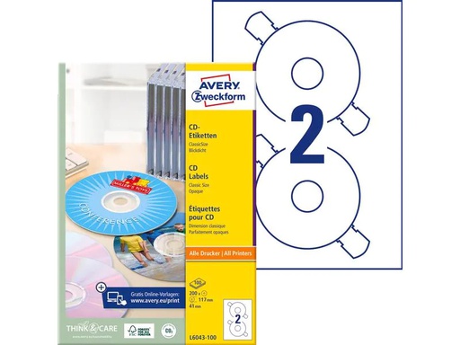 [90099771 926321] Avery Zweckform CD-Etiketten L6043-100 Ø 117 mm
